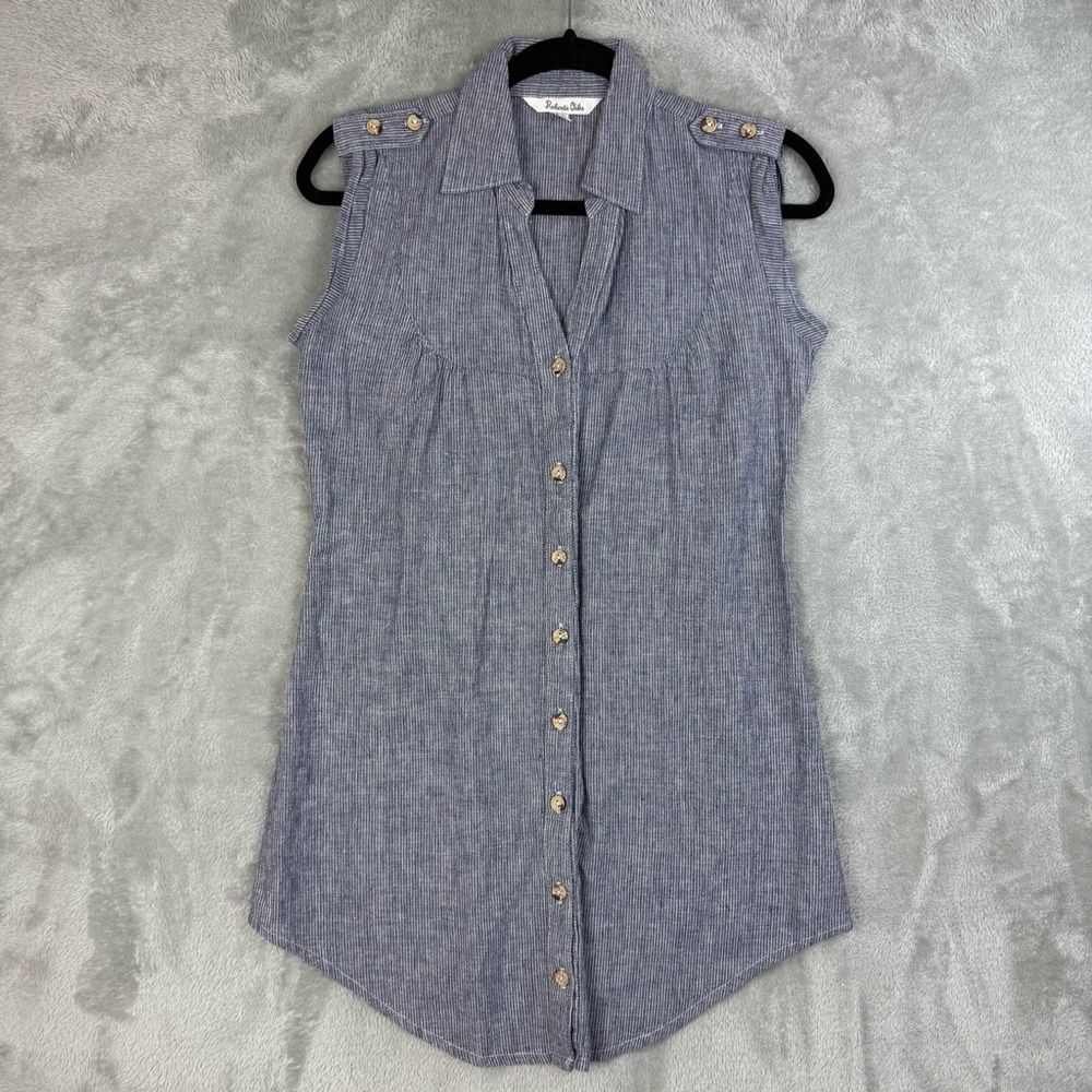 Roberta Oaks Linen Cotton Blend Blue Sleeveless Button-Down Striped Shirt Small